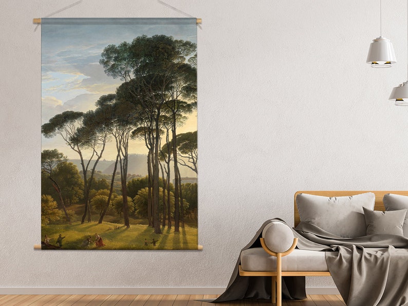 May include: A painting of a forest scene with tall pine trees in the foreground and a distant view of hills in the background. The sky is a soft blue with white clouds. The painting is in a muted color palette of greens, browns, and blues.