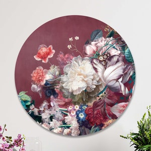 Cerchio da parete per appendere | Fiori selvatici su sfondo bordeaux | Opere d'arte rotonde sul muro