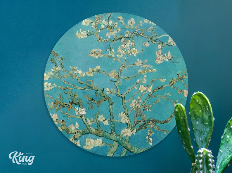 May include: A circular wall decal featuring a painting of a blooming almond tree with white flowers against a blue sky. The painting is in the style of Vincent van Gogh.