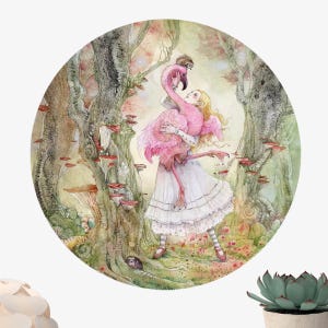 Wall Circle | Dancing Flamingo in Fairytale Forest | High Quality Sustainable Round Modern Wall Art | Ready to Hang