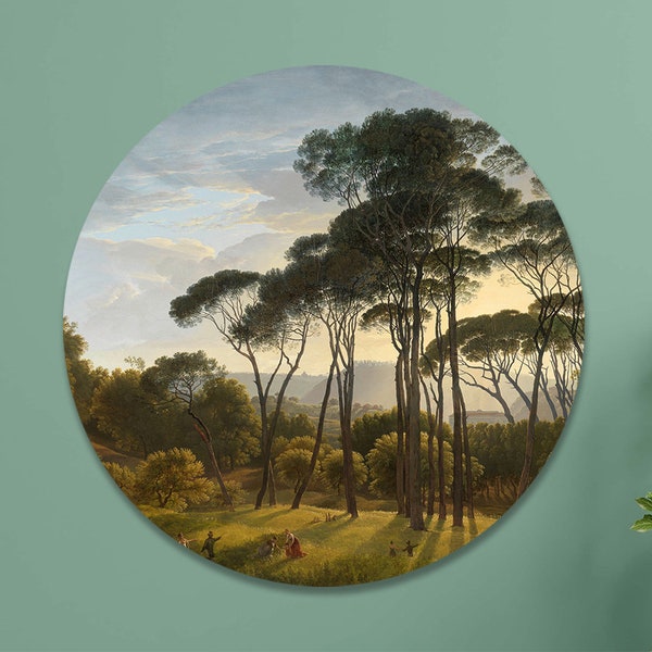 Cercle mural pour accrocher | Paysage italien avec pins parasols | Œuvre ronde sur le mur