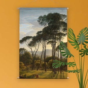 May include: A vintage painting depicting a landscape with tall pine trees in a forest setting. The sky is a light blue with white clouds. The trees are a dark green and the ground is a light green. There are people in the distance.