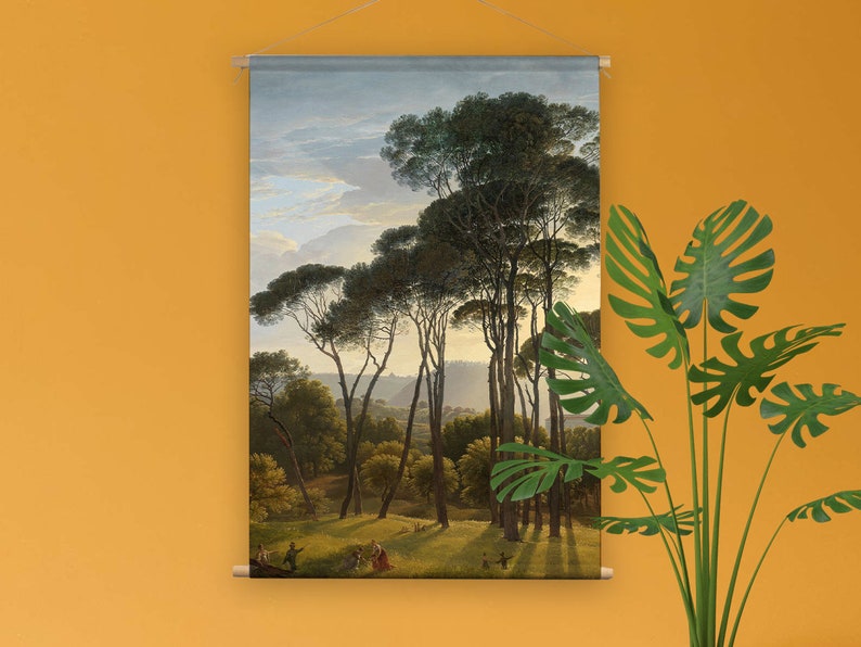 May include: A vintage painting depicting a landscape with tall pine trees in a forest setting. The sky is a light blue with white clouds. The trees are a dark green and the ground is a light green. There are people in the distance.