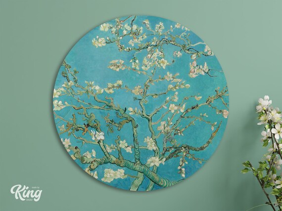 Ronde Wanddecoratie van Vincent van Gogh's Amandelbloesem. Gedrukt met duurzame inkt op hoogwaardig materiaal.