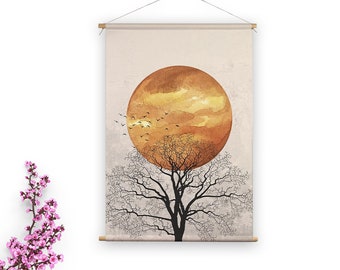 Textile poster | Tree with birds in front of copper sun. A high quality wall decoration on a durable flexible textile.