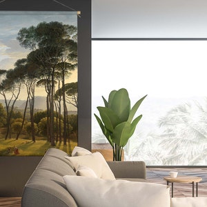 May include: A tapestry featuring a landscape painting of a grove of trees with a cloudy sky in the background. The trees are tall and slender with green leaves. The sky is a light blue with white clouds. The painting is framed in a wooden frame.