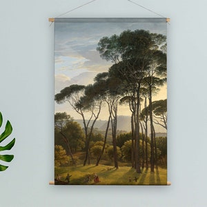 May include: A vintage painting depicting a grove of tall, slender pine trees in a landscape setting. The trees are arranged in a line, with their branches reaching up towards the sky. The painting is done in a muted palette of greens, browns, and blues, and it has a peaceful and serene atmosphere.