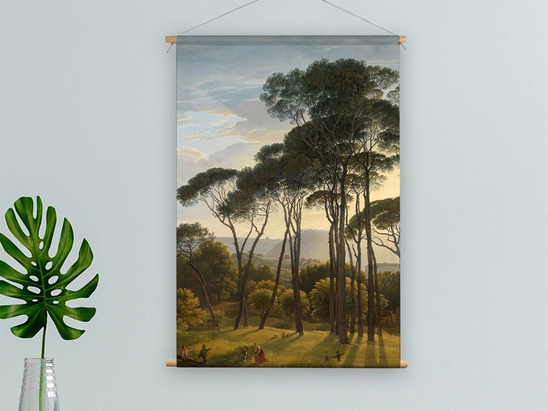 May include: A vintage painting depicting a grove of tall, slender pine trees in a landscape setting. The trees are arranged in a line, with their branches reaching up towards the sky. The painting is done in a muted palette of greens, browns, and blues, and it has a peaceful and serene atmosphere.