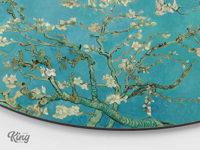 May include: A painting of a blossoming almond tree with white flowers against a bright blue sky. The branches are depicted in a swirling, expressive style, typical of the artist's work.