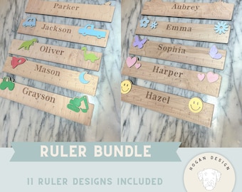 May include: A set of 11 laser cut ruler designs for kids. The rulers feature various themes including vehicles, animals, and smiley faces. The rulers are made of wood and are personalized with names. The text "RULER BUNDLE" and "11 RULER DESIGNS INCLUDED" is displayed on the image. The text "LASER CUT FILE I COMMERCIAL USE" is also displayed on the image. The image also includes a logo for Hogan Design Company.
