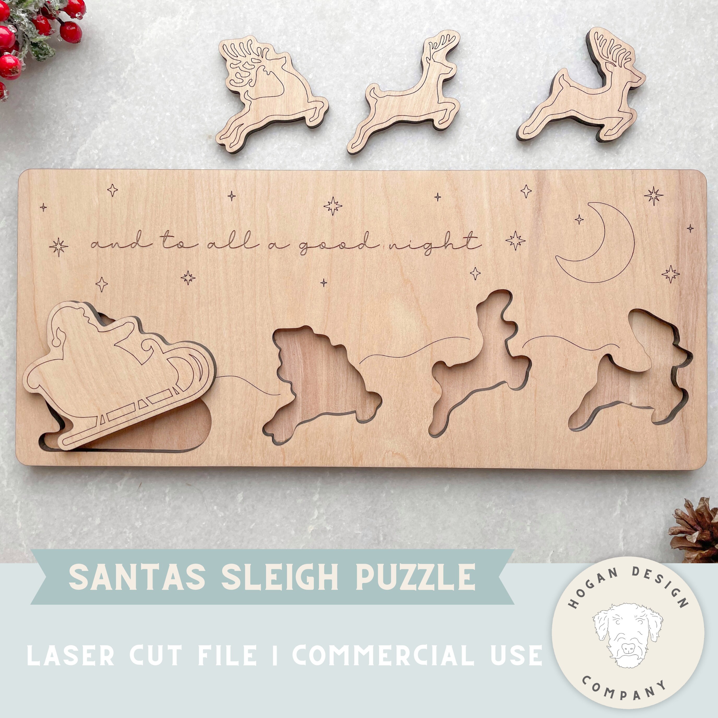 Santa Sleigh and Reindeer Puzzle SVG File  Christmas Puzzle | Kids Puzzle | Christmas Decor | Glowforge Laser | Laser Cutter