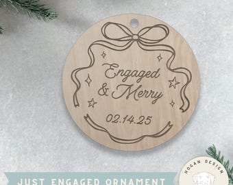 Engaged Christmas Ornament SVG | Newly Engaged Ornament Laser Cut File | Bow & Stars Holiday Ornament | Glowforge Digital File