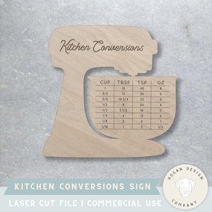 May include: Wooden kitchen conversion sign shaped like a stand mixer. It features a chart with measurements for cups, tablespoons, teaspoons, and ounces. The sign is labelled "Kitchen Conversions" at the top.