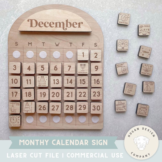 Calendar SVG Laser File Cut Digital File for Glowforge | Kids Montessori calendar Svg | Daily Task List | Advent calendar | Laser Cut ready