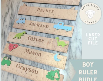 May include: A set of six wooden rulers with personalized names, each featuring a different design element, including a basketball, apple, truck, dinosaur, rocket, and excavator. The rulers are laser cut and come in a bundle.