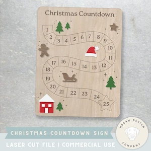 Puede incluir: Letrero de cuenta regresiva navideña de madera con un camino sinuoso numerado del 1 al 25. Presenta hombre de jengibre, árbol de Navidad, gorro de Papá Noel, trineo, estrella y casa cortados con láser. El texto "Christmas Countdown" está en la parte superior.