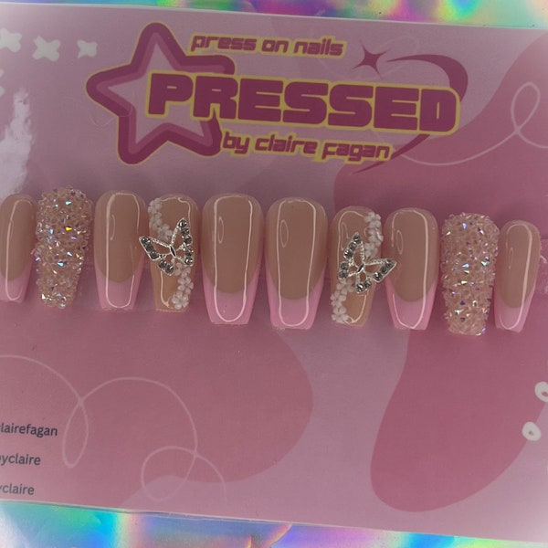 press on nails pink butterfly