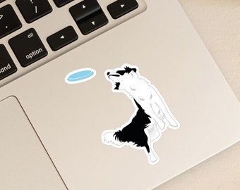 May include: A black and white border collie dog jumping in the air with its mouth open, catching a blue frisbee. The dog is on a white background.