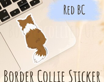May include: Red Border Collie sticker on a laptop. The sticker features a brown and white dog with a white background.