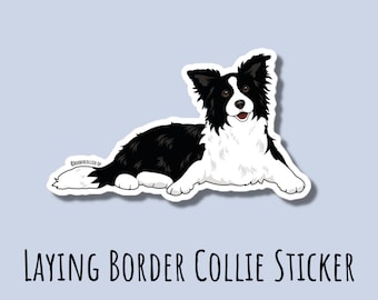 May include: A black and white border collie dog lying down with its head turned to the side. The dog is smiling and has a white patch on its chest. The sticker is white with a black outline.