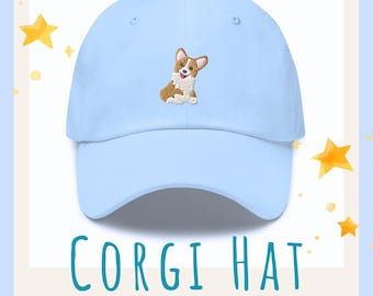 May include: A light blue baseball cap with an embroidered image of a brown and white corgi dog. The text "CORGI HAT" is printed below the image.
