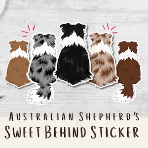 May include: Five stickers showing the rear view of Australian Shepherds in shades of brown, grey, and black. The text at the bottom reads "AUSTRALIAN SHEPHERD'S SWEET BEHIND STICKER".