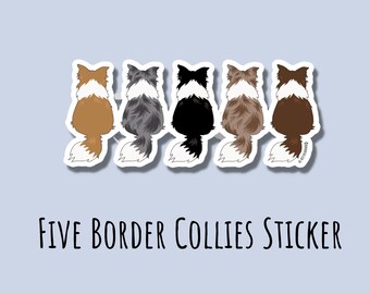 May include: Five border collie dog stickers in different colour variations. The dogs are facing away from the viewer with their tails curled up. The stickers are arranged in a row.
