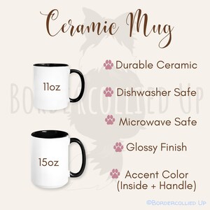 May include: Two white ceramic mugs with black handles and interiors. One mug is labeled "11oz" and the other "15oz". The image also highlights features like durable ceramic, dishwasher and microwave safe, glossy finish, and accent color.