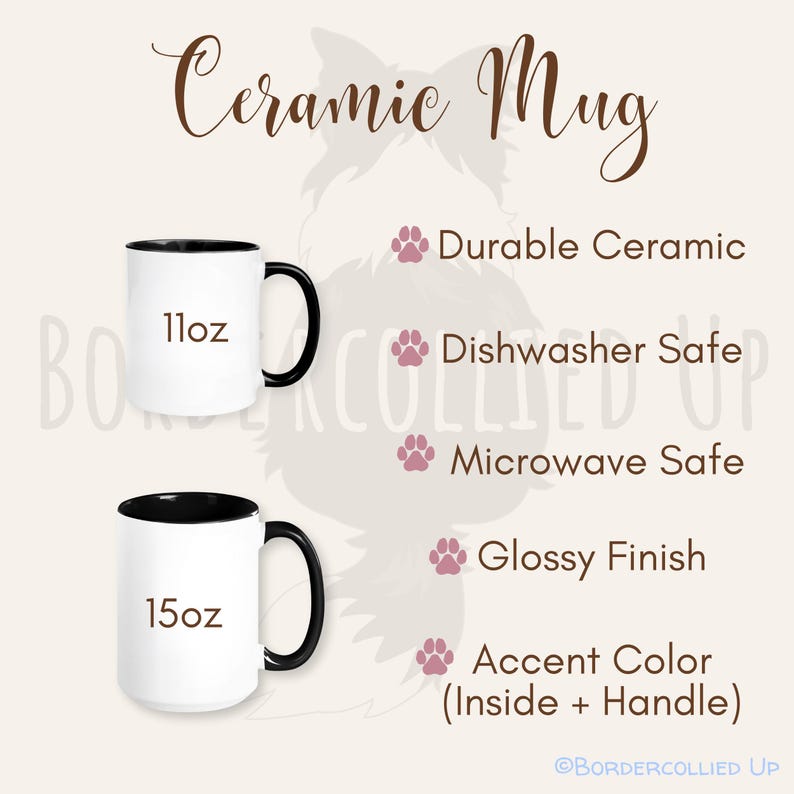 May include: Two white ceramic mugs with black handles and interiors. One mug is labeled "11oz" and the other "15oz". The image also highlights features like durable ceramic, dishwasher and microwave safe, glossy finish, and accent color.