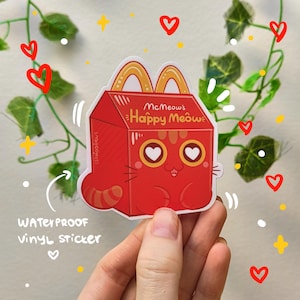 Happy Meal Cat gestanzter wasserfester Vinyl-Aufkleber | niedliche Kunst | süßer Katzenaufkleber | kawaii Kunst | Fast Food Aufkleber | MacDonald's