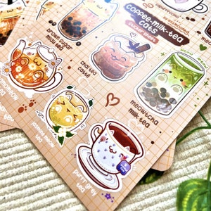 Stickers chats CAFÉ-LAIT-THÉ thé café Boba Adorable jeu d'autocollants chat art kawaii oeuvre d'art mignonne autocollant mignon art culinaire mignon image 3