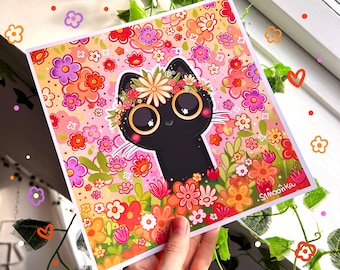 Lámina de arte de Tetsu de flores / láminas de arte lindas / ilustración de gato / póster de arte de gato / impresión de gato linda / flores / pósteres lindos / arte de flores lindas