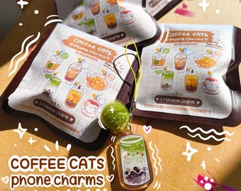 Coffee Cats Phone Charm: Small keychain with Pompom