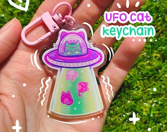 Llavero acrílico de gato OVNI: Charm con purpurina kawaii