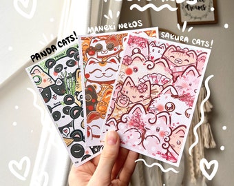 Postales de gatos japoneses / impresión tamaño tarjeta postal / A5 / lindos grabados de arte / ilustración de gatos / lindo estampado de gatos / panda / Postkarten / pohled