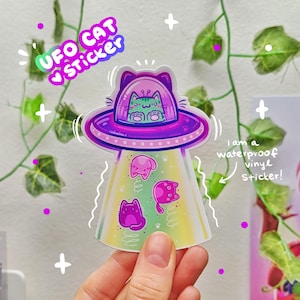 Adesivo in vinile impermeabile fustellato UFO Cat / spazio galassia / adesivo gatto carino / arte kawaii / arte carina / adesivo carino / fantascienza carina / gatto alieno