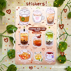 Stickers chats CAFÉ-LAIT-THÉ thé café Boba Adorable jeu d'autocollants chat art kawaii oeuvre d'art mignonne autocollant mignon art culinaire mignon image 1