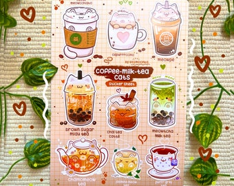 Stickers chats CAFÉ-LAIT-THÉ | thé | café | Boba | Adorable jeu d'autocollants chat | art kawaii | oeuvre d'art mignonne | autocollant mignon | art culinaire mignon