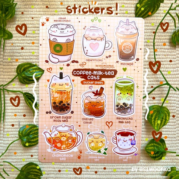 Stickers chats CAFÉ-LAIT-THÉ | thé | café | Boba | Adorable jeu d'autocollants chat | art kawaii | oeuvre d'art mignonne | autocollant mignon | art culinaire mignon