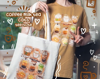 KAFFEE-MILCH-TEE-Katzen-T-Shirt-Tasche | Illustriertes T-Shirt aus Baumwolle | Öko-Einkaufstasche | Katzendesign | Süßes T-Shirt | Lustige Einkaufstasche | süßes Katzen-T-Shirt