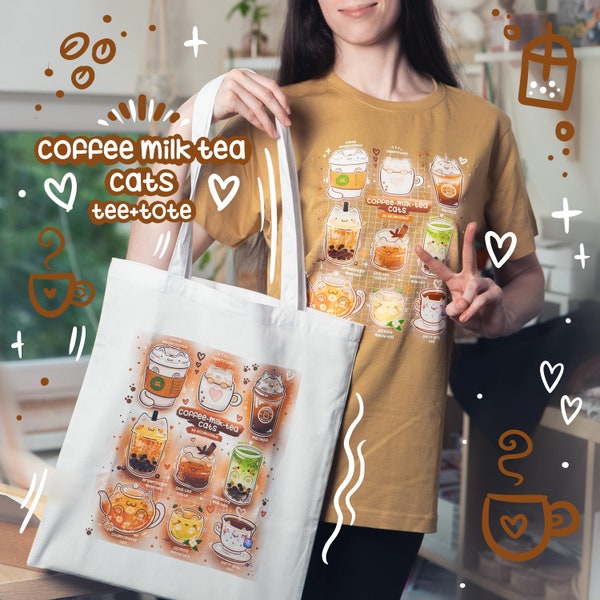 COFFEE MILK TEA cat t-shirt tote | Cotton Illustrated tshirt | Eco Shopping Bag | Cat design | Cute tshirt | Funny tote bag | cute cat tee