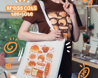 Brot Katzen T-Shirt Tragetasche | Baumwolle Illustriertes Tshirt | Öko Einkaufstasche | Katzenmotiv | Niedliches Tshirt | Lustige Tragetasche | süßes Katzen T-Shirt