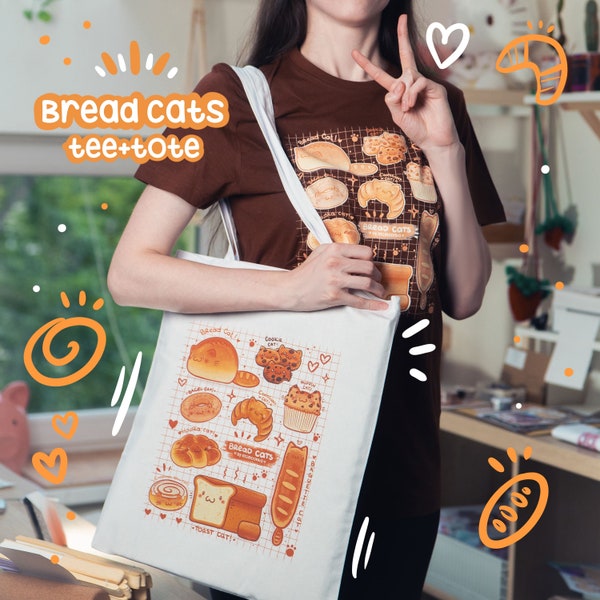 BREAD CATS camiseta tote Bolsa / Camiseta ilustrada de algodón / Bolsa de compras ecológica / Diseño de gato / Camiseta linda / Bolso de mano divertido / linda camiseta de gato