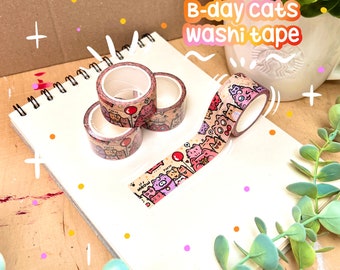 B-DAY CATS Washi Tape | Briefpapier | süße kawaii Kunst | Kawaii Briefpapier | Katzengekritzel | bunt | Journaling | Einklebeband | Verpackung