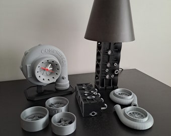 Car Lover Package - Block Key Hooks, Turbo Clock, Block Lampshade, Turbo and Rim Coasters  / Made From Organic PLA Plastic / 3D Printed