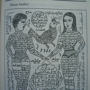 May include: Black and white illustration from a book, featuring two figures with detailed body markings and text. A bird is centered between them, with additional text and symbols. The title "Tılsım budur" is at the top.
