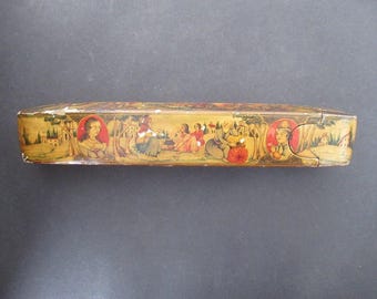Old Hand-Painted Qalamdan Pen Case Box with Figural Motifs