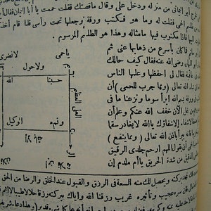 Peut inclure: Un livre ouvert avec des écritures arabes et un diagramme géométrique. Le texte est à l'encre noire sur du papier jauni et vieilli. Le diagramme est un carré divisé en petites sections, avec des mots et symboles arabes.