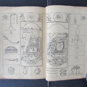 Puede incluir: Un libro abierto con ilustraciones en blanco y negro. El libro tiene una cubierta de cuero marrón y está abierto en una página con un mapa de una ciudad. La página también tiene varias otras ilustraciones, incluyendo una lámpara, un par de tijeras y un par de zapatos.