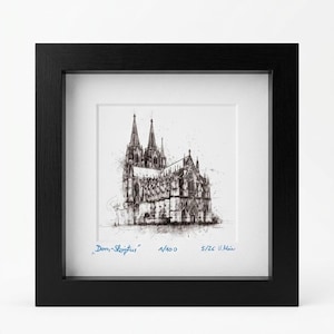 Cologne Cathedral sketch, cathedral script, original artwork, framed, 10 x 10 cm, Cologne gift, limited edition & signed